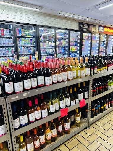 Wine shelves and cold cases