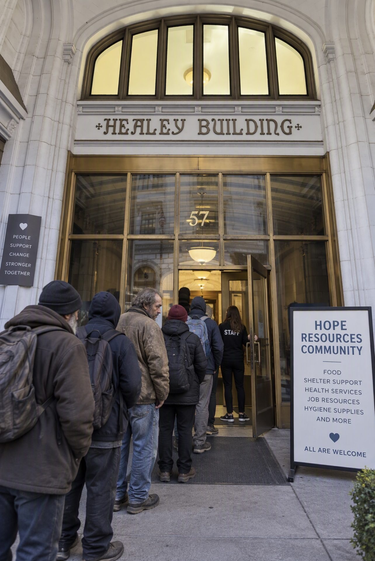 AI-generated concept image: people lining up at the Healey Building's front door at 57 Forsyth Street, beside a sign reading Hope, Resources, Community - All Are Welcome
