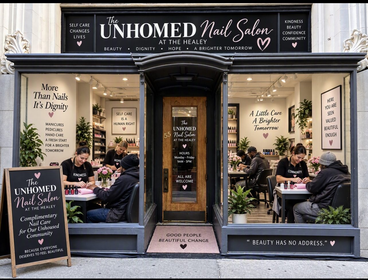 AI-generated concept image: a storefront nail salon, The Unhomed Nail Salon at the Healey, with a sign reading Beauty has no address