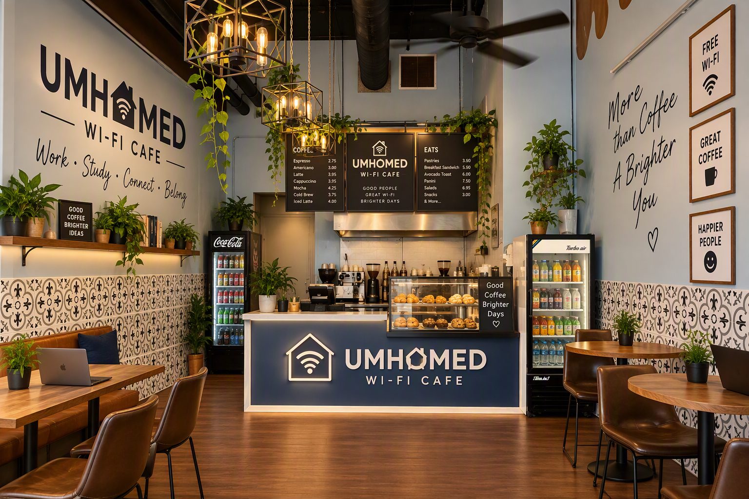 AI-generated concept image: a cafe with a coffee counter, hanging plants and a wall reading Work, Study, Connect, Belong