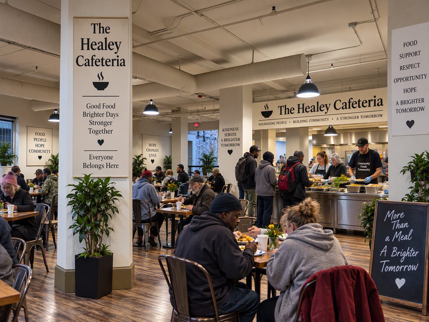 AI-generated concept image: a bright cafeteria under signs reading The Healey Cafeteria, Everyone Belongs Here, with people eating and staff serving food