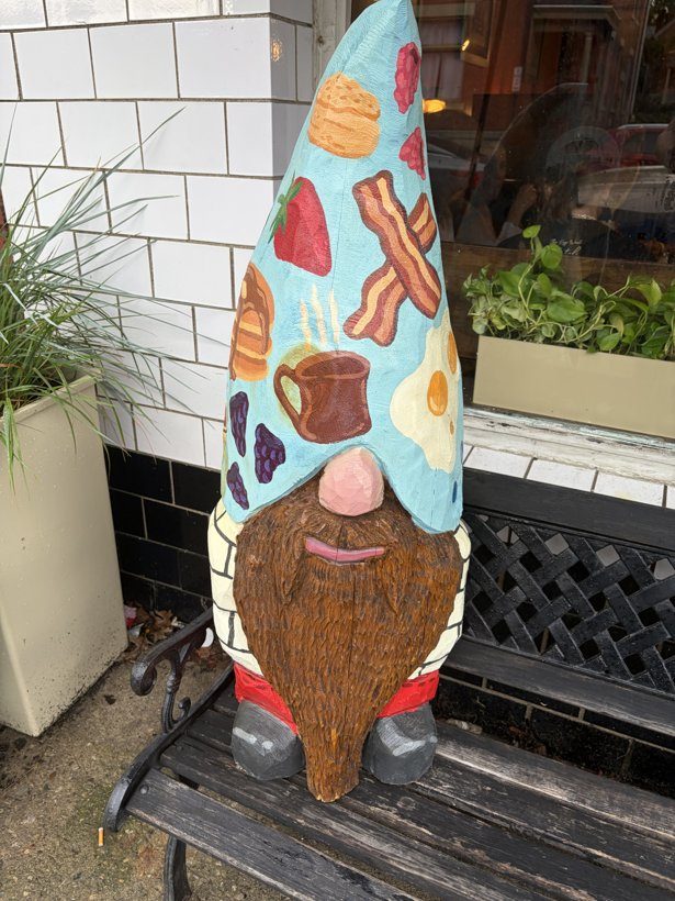 Hand-carved German Village Coffee Shop gnome with breakfast painted on his hat