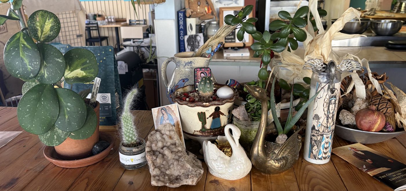 A wooden table holding potted plants, crystals, a swan vessel, small ceramics and painted figures.