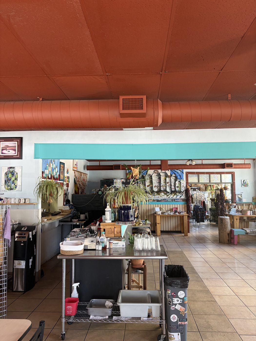The interior looking toward the counter: stainless prep table, green and blue walls, plants along the sill and an orange ceiling.