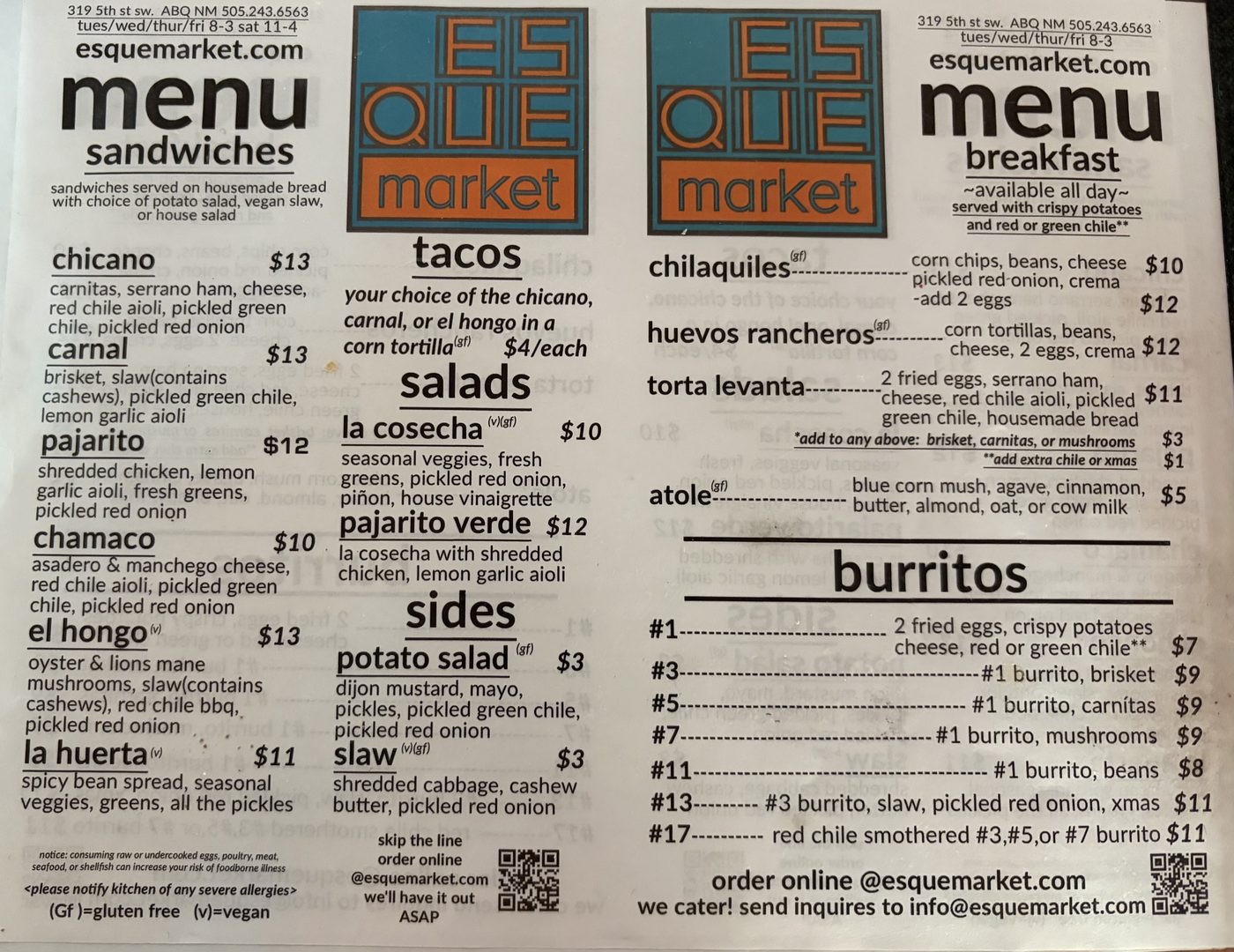 The two-panel Es Que Market printed menu listing sandwiches, tacos, salads, sides, breakfast and burritos with prices.
