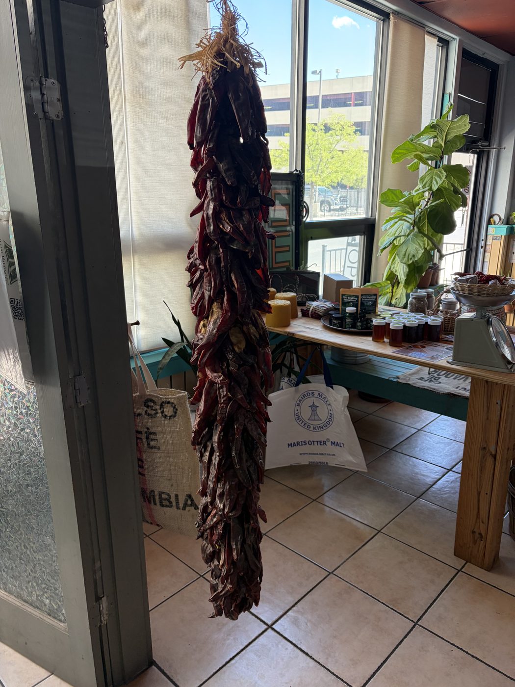 A long chile ristra hanging beside a glass door, with tile floor and the market shelves behind.