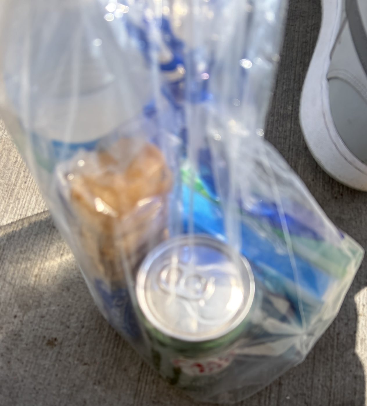 A clear sealed bag holding a canned drink and wrapped food, resting on the ground.