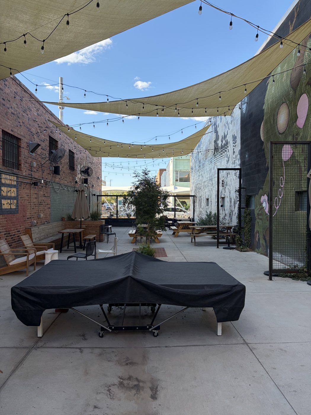 Lasso's patio under cream shade sails and string lights, a covered ping-pong table in the foreground, brick walls and a painted mural on either side.